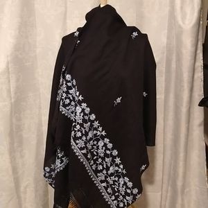 Dark Navy Pashmina Shawl W/ Embroidered Flowers